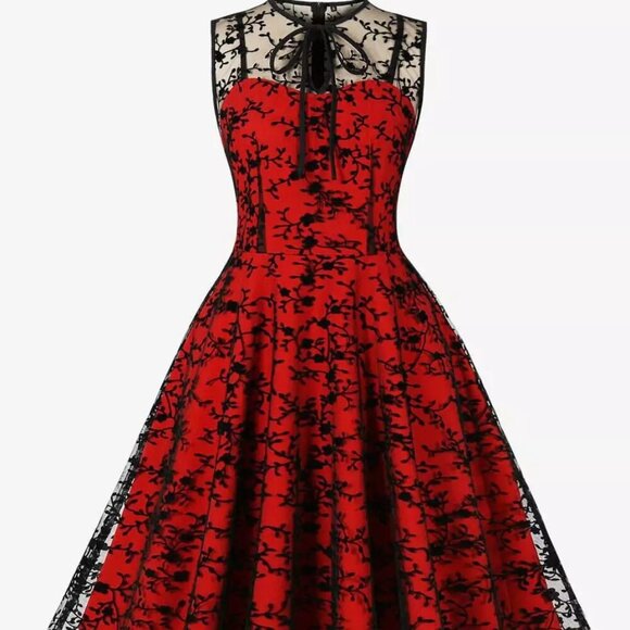 Voodoo Vixen Vintage Floral Flocked 50's Rockabilly Lace Overlay Dress Size S - Picture 2 of 10